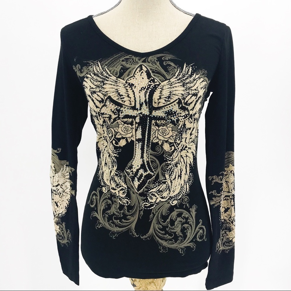 Rhinestone embellished cross w/ wings, long sleeve, slashed peekaboo back Harley